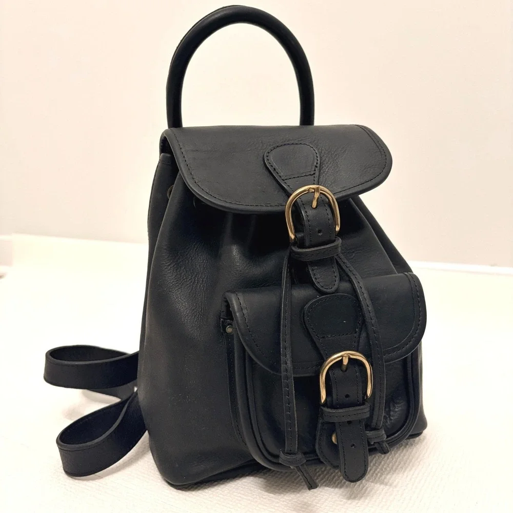 Vintage Leather Mini Backpack Drawstring Buckle Small Black